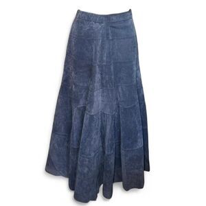 Soft Surroundings Blue Suede Leather Maxi Skirt Small Tiered Long Boho Flare 35"